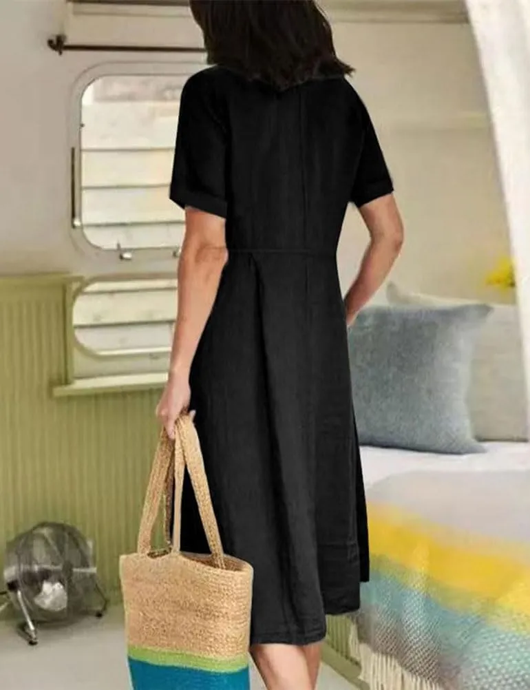Mywinway Linen Dresses for Women Spring Summer Button Down V Neck Rolled Short Sleeve Trendy Cute Maxi Shirt Shift Dress
