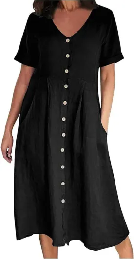 Mywinway Linen Dresses for Women Spring Summer Button Down V Neck Rolled Short Sleeve Trendy Cute Maxi Shirt Shift Dress