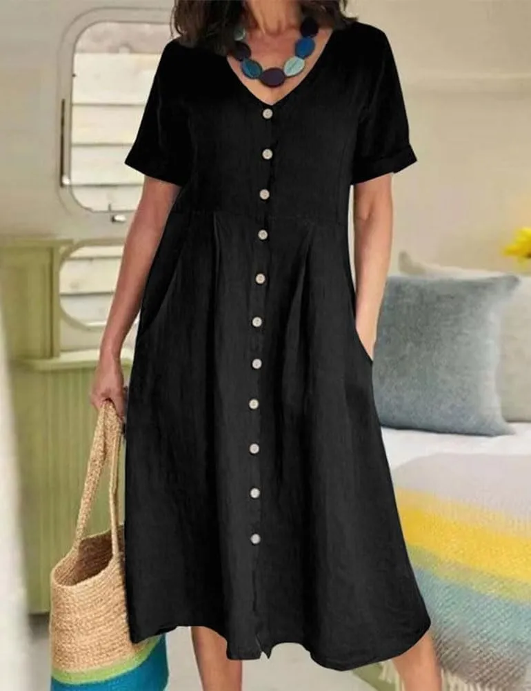 Mywinway Linen Dresses for Women Spring Summer Button Down V Neck Rolled Short Sleeve Trendy Cute Maxi Shirt Shift Dress