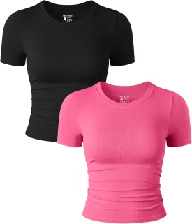 OQQ Womens 2 Piece Shirts Short Sleeve Crew Neck Ruched Stretch Fitted Tee Shirts Crop Tops