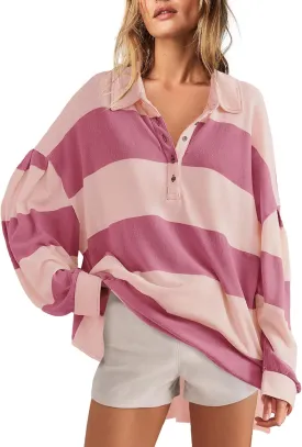 Panadila Womens Long Sleeve Striped Shirt Oversized Polo Shirts Casual V Neck T Shirt Loose Fit Tunic Tops
