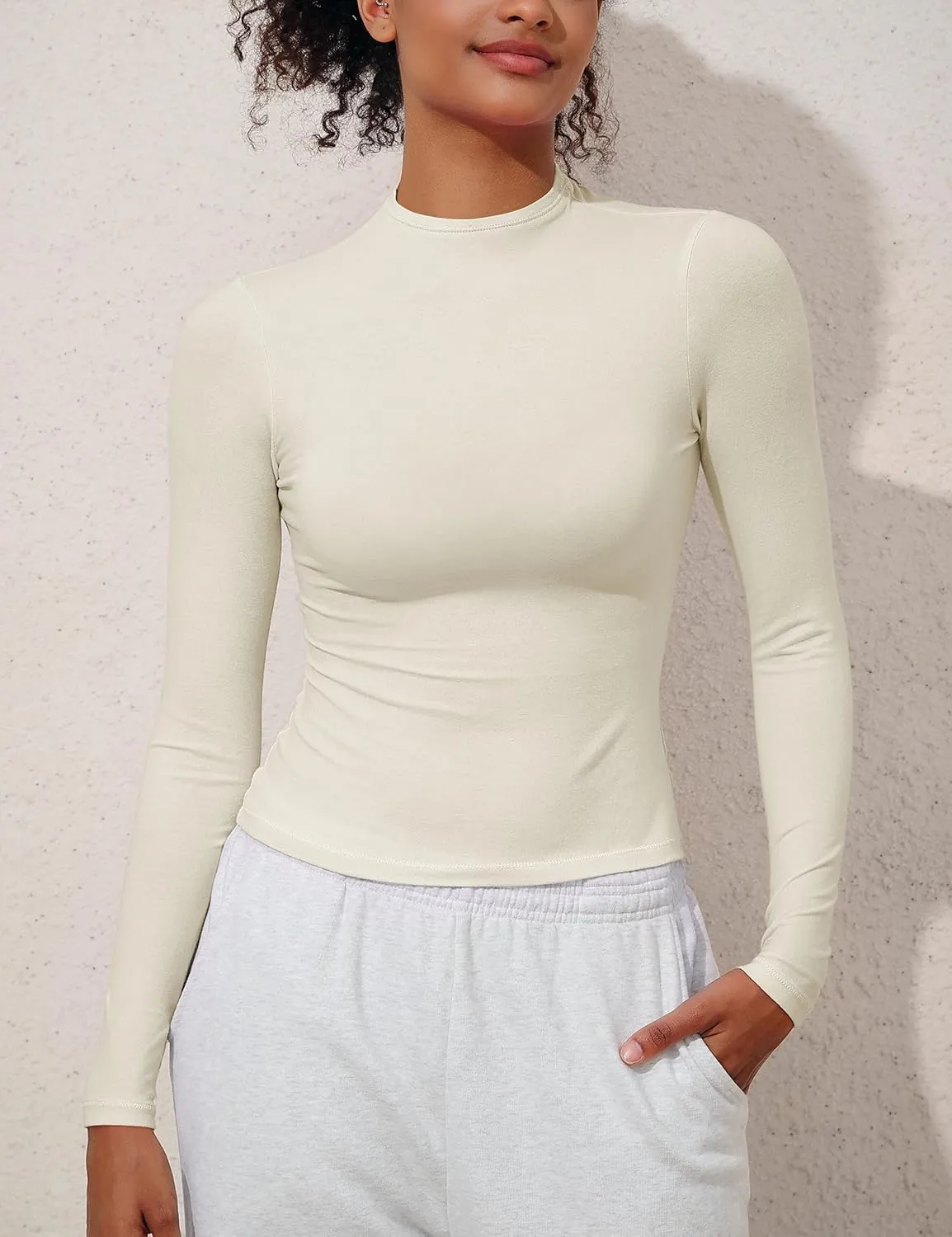 PrettyGuide Women's Cotton Long Sleeve Shirts Mock Neck Basic Tee Tight Fitted Fall Going Out Tops