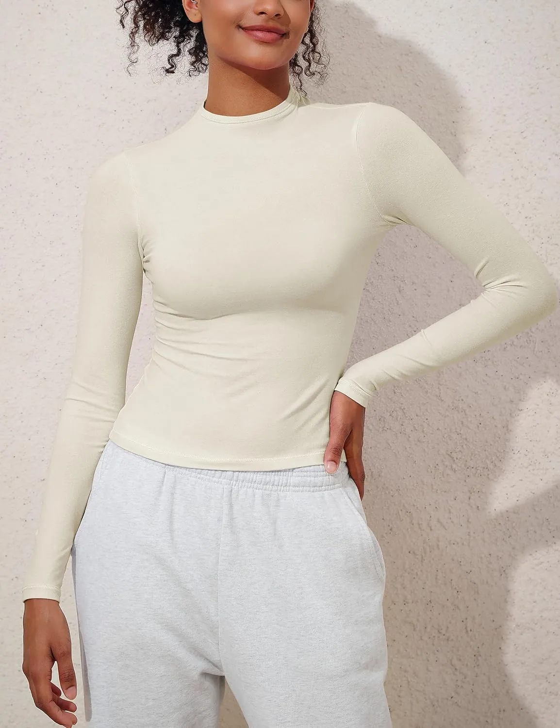 PrettyGuide Women's Cotton Long Sleeve Shirts Mock Neck Basic Tee Tight Fitted Fall Going Out Tops