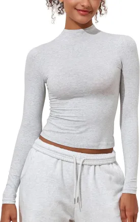 PrettyGuide Women's Cotton Long Sleeve Shirts Mock Neck Basic Tee Tight Fitted Fall Going Out Tops