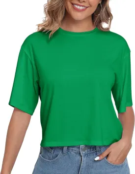 PRIMODA Women's Half Sleeve Loose Cropped T Shirts Drop Shoulder Crew Neck Crop Tops Basic Casual Tee Shirts
