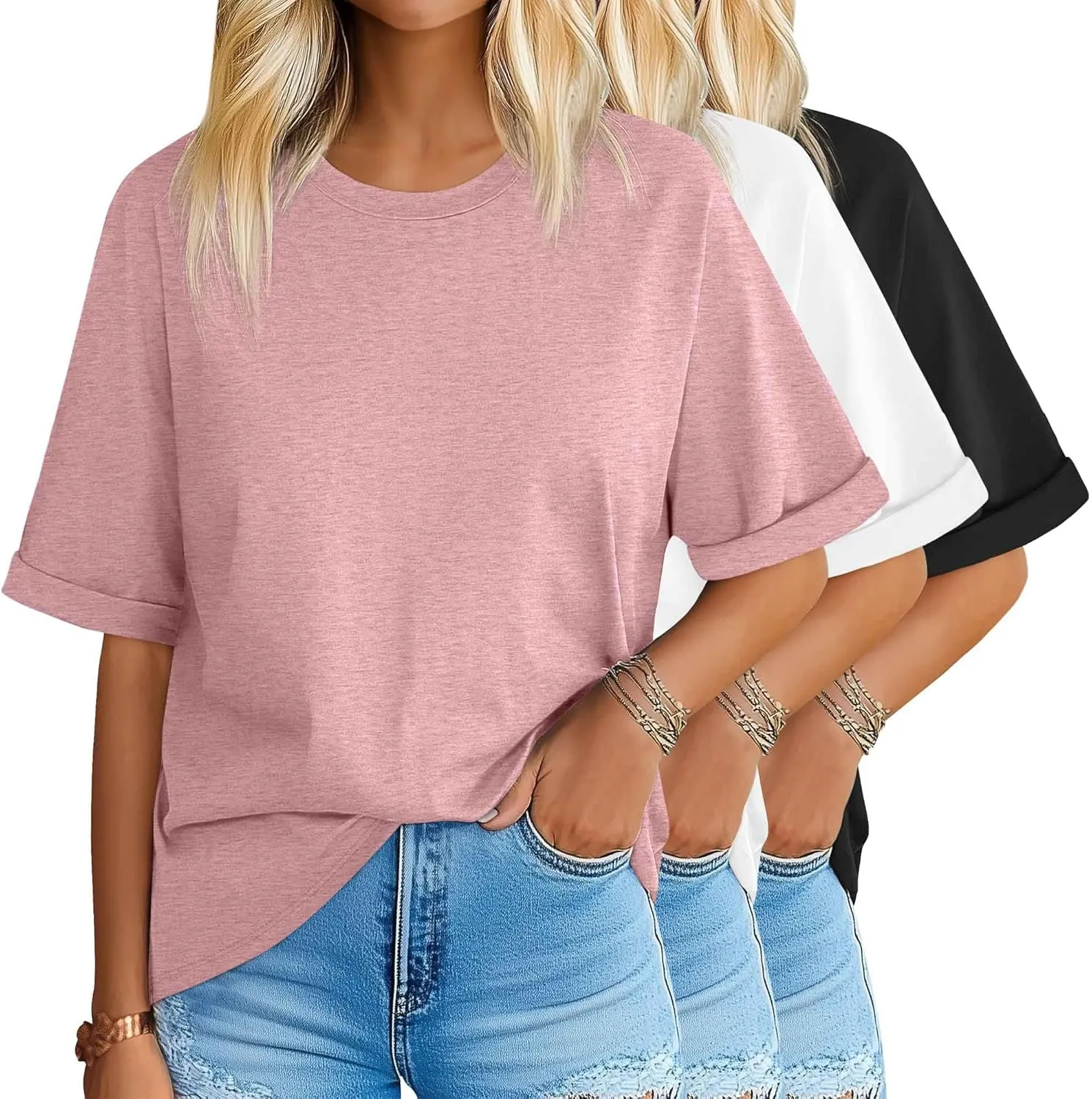 Riyiper 3 Pack Women's Oversized T Shirt Cotton Half Sleeve Summer Tees Casual Loose Fit Crew Neck Basic Tops