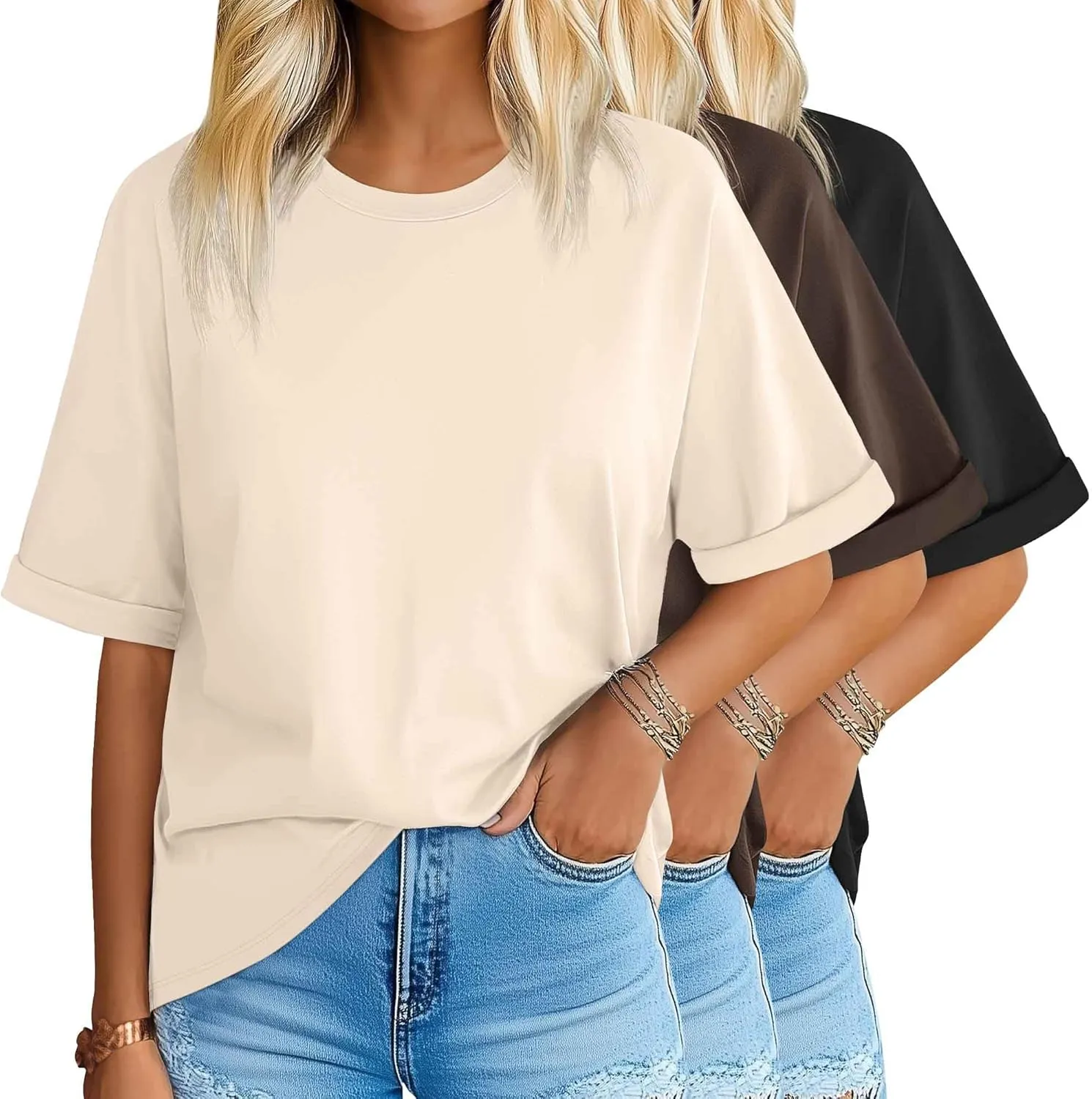 Riyiper 3 Pack Women's Oversized T Shirt Cotton Half Sleeve Summer Tees Casual Loose Fit Crew Neck Basic Tops