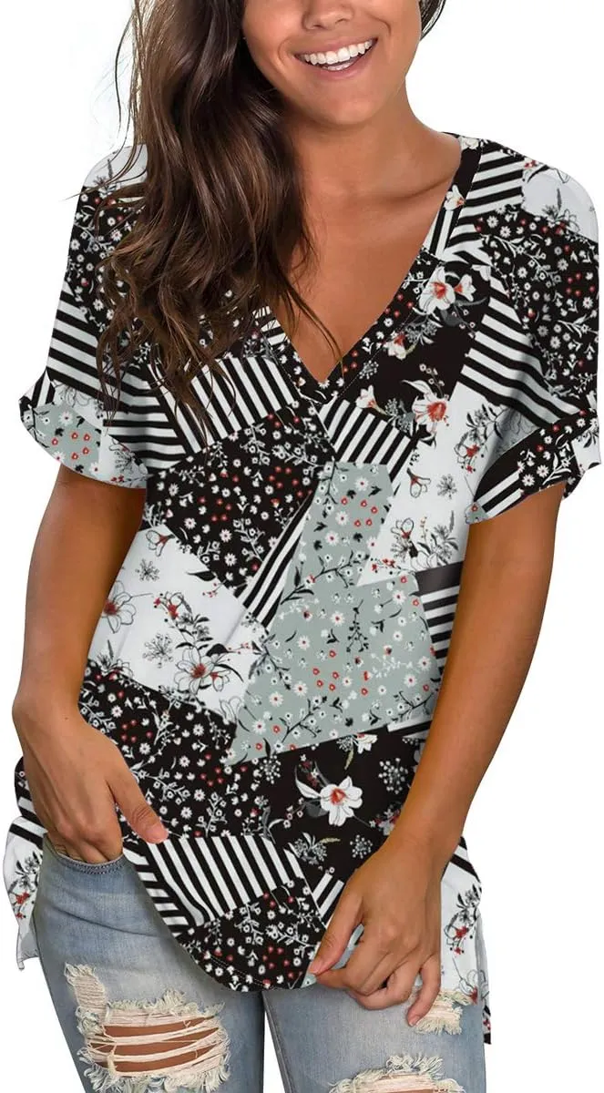 SAMPEEL Women's V Neck T Shirts Casual Rolled Short Sleeve Side Split Summer Tops Loose Fit