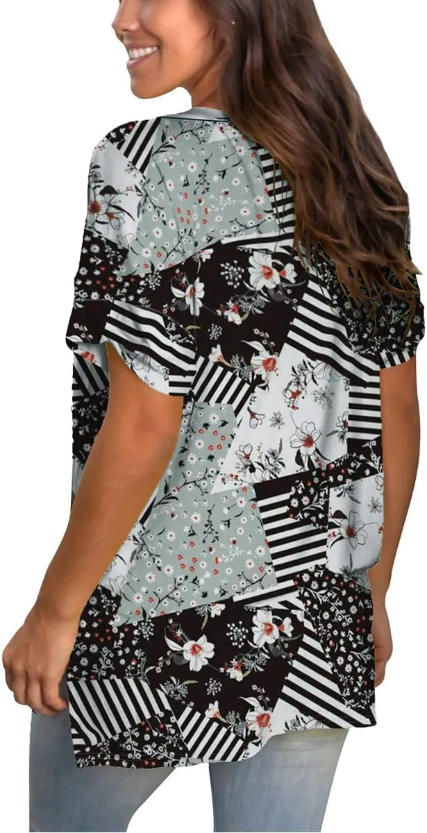 SAMPEEL Women's V Neck T Shirts Casual Rolled Short Sleeve Side Split Summer Tops Loose Fit