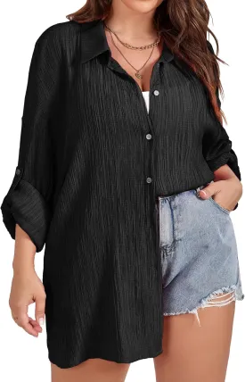 SCOMCHIC Women Plus Size Button Down Shirts Long Roll Up Sleeve V Neck Collared Casual Blouses Oversized Shirt Tops