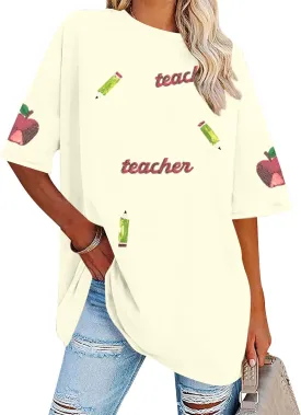 Seuqin Teacher Shirt Women Oversized Teacher Gift T-Shirt Back to School Tops Glitter Teach Blouse