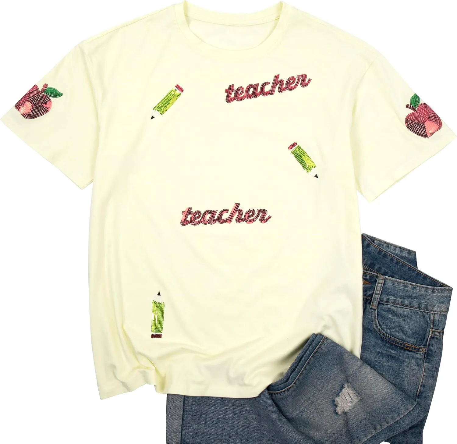 Seuqin Teacher Shirt Women Oversized Teacher Gift T-Shirt Back to School Tops Glitter Teach Blouse