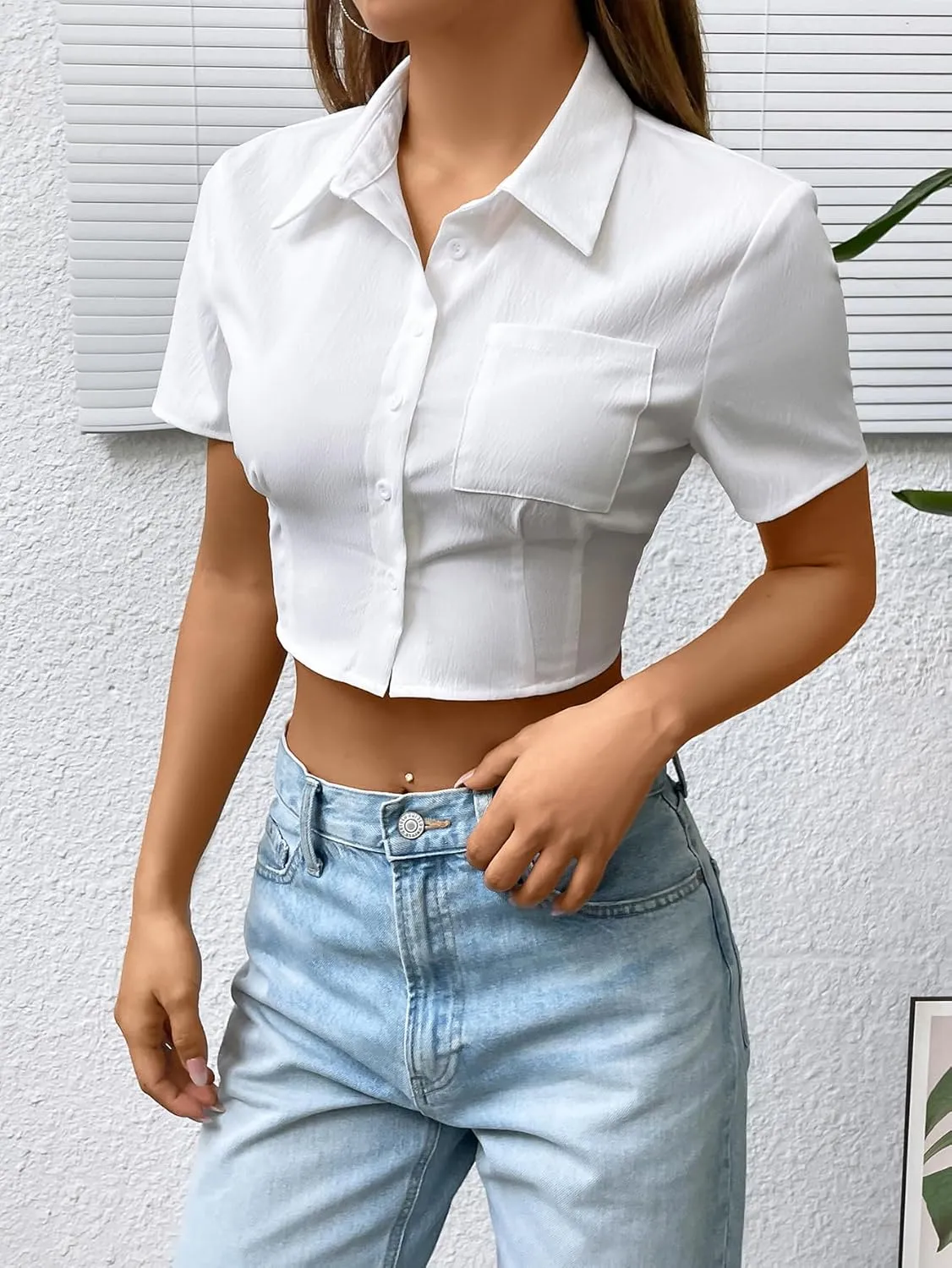 SHENHE Women's Short Sleeve Button Up Shirt Casual Collared Cropped Button Down Top