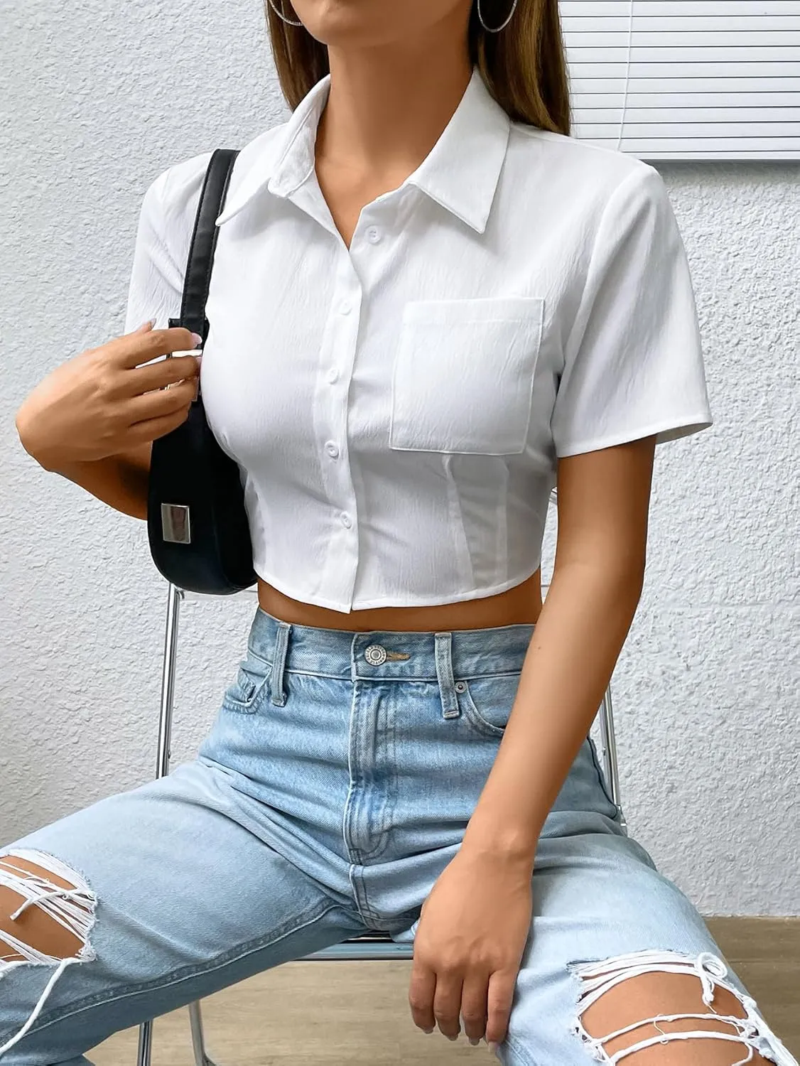 SHENHE Women's Short Sleeve Button Up Shirt Casual Collared Cropped Button Down Top