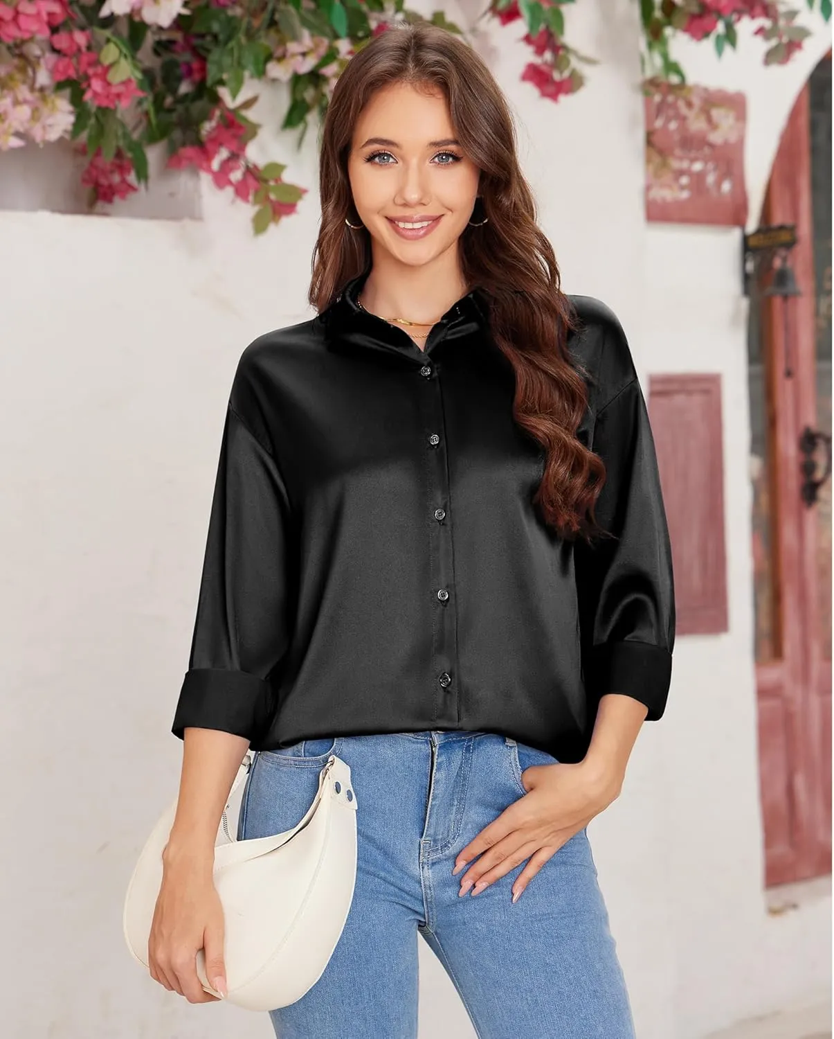 siliteelon Satin Blouses for Women Silk Button Down Shirts Casual Long Sleeve Shirt Business Office Work Tunic Tops