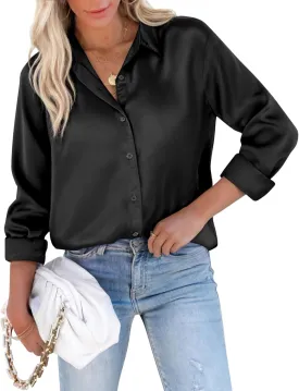 siliteelon Satin Blouses for Women Silk Button Down Shirts Casual Long Sleeve Shirt Business Office Work Tunic Tops