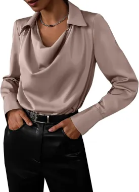 SOMTHRON Women's Elegant Satin Silk Blouse Cowl Neck Ruched Front Draped Long Sleeve Work Office Shirt Top