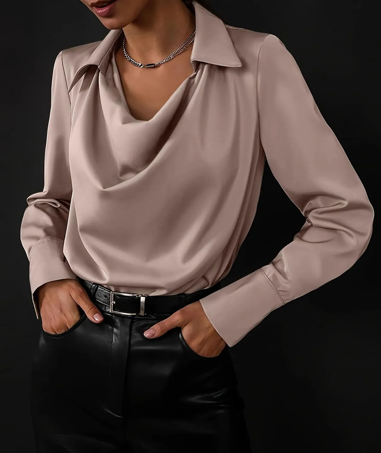 SOMTHRON Women's Elegant Satin Silk Blouse Cowl Neck Ruched Front Draped Long Sleeve Work Office Shirt Top