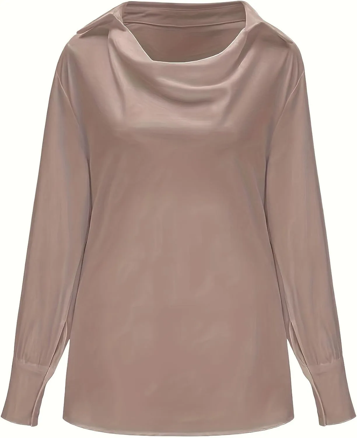 SOMTHRON Women's Elegant Satin Silk Blouse Cowl Neck Ruched Front Draped Long Sleeve Work Office Shirt Top
