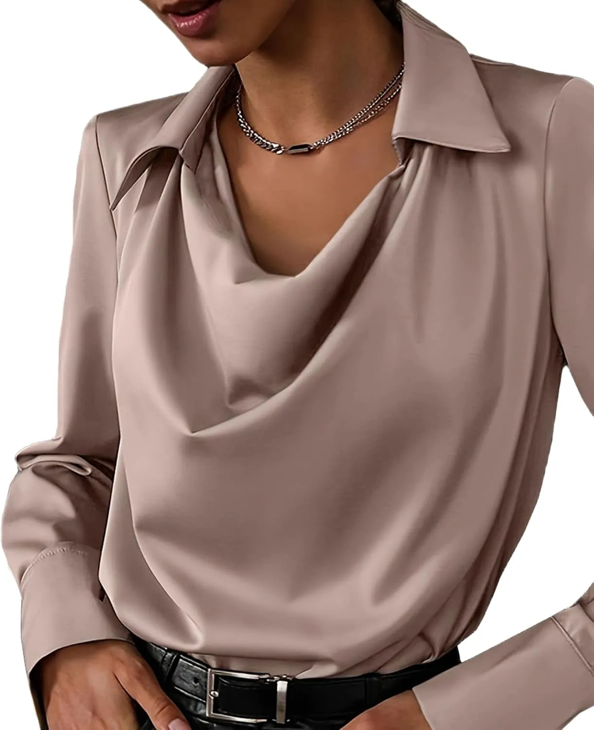 SOMTHRON Women's Elegant Satin Silk Blouse Cowl Neck Ruched Front Draped Long Sleeve Work Office Shirt Top