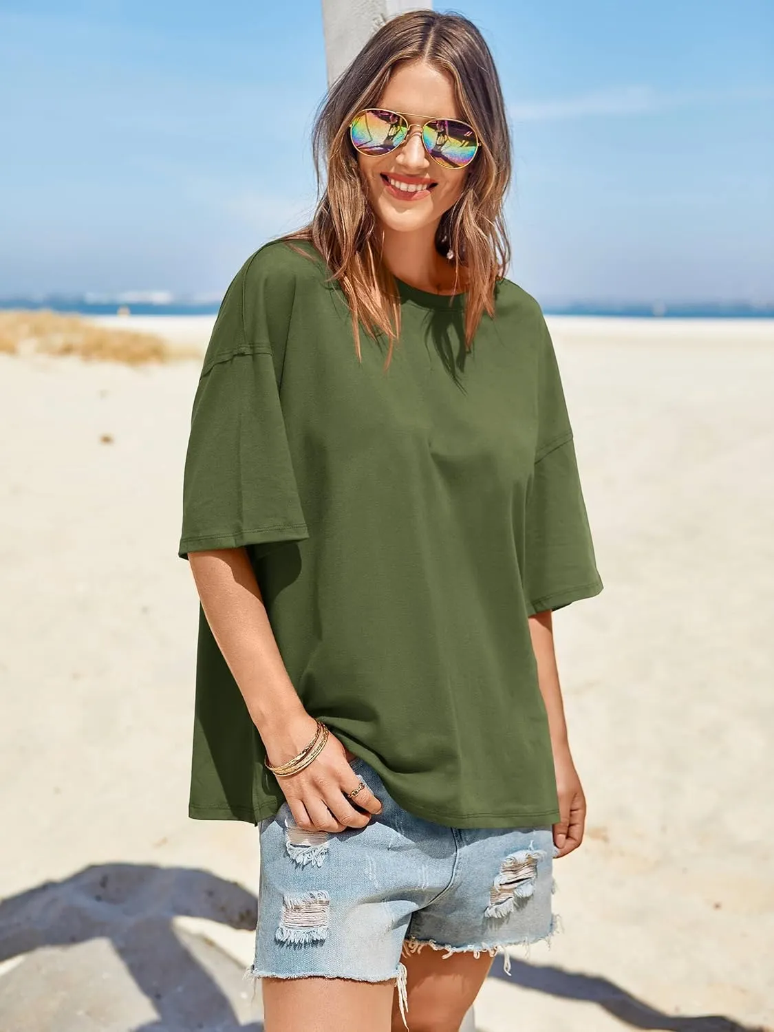 Tankaneo Womens Oversized Tshirts Summer Casual Short Sleeve Crew Neck T Shirt Loose Fit Side Slit Tee Tops