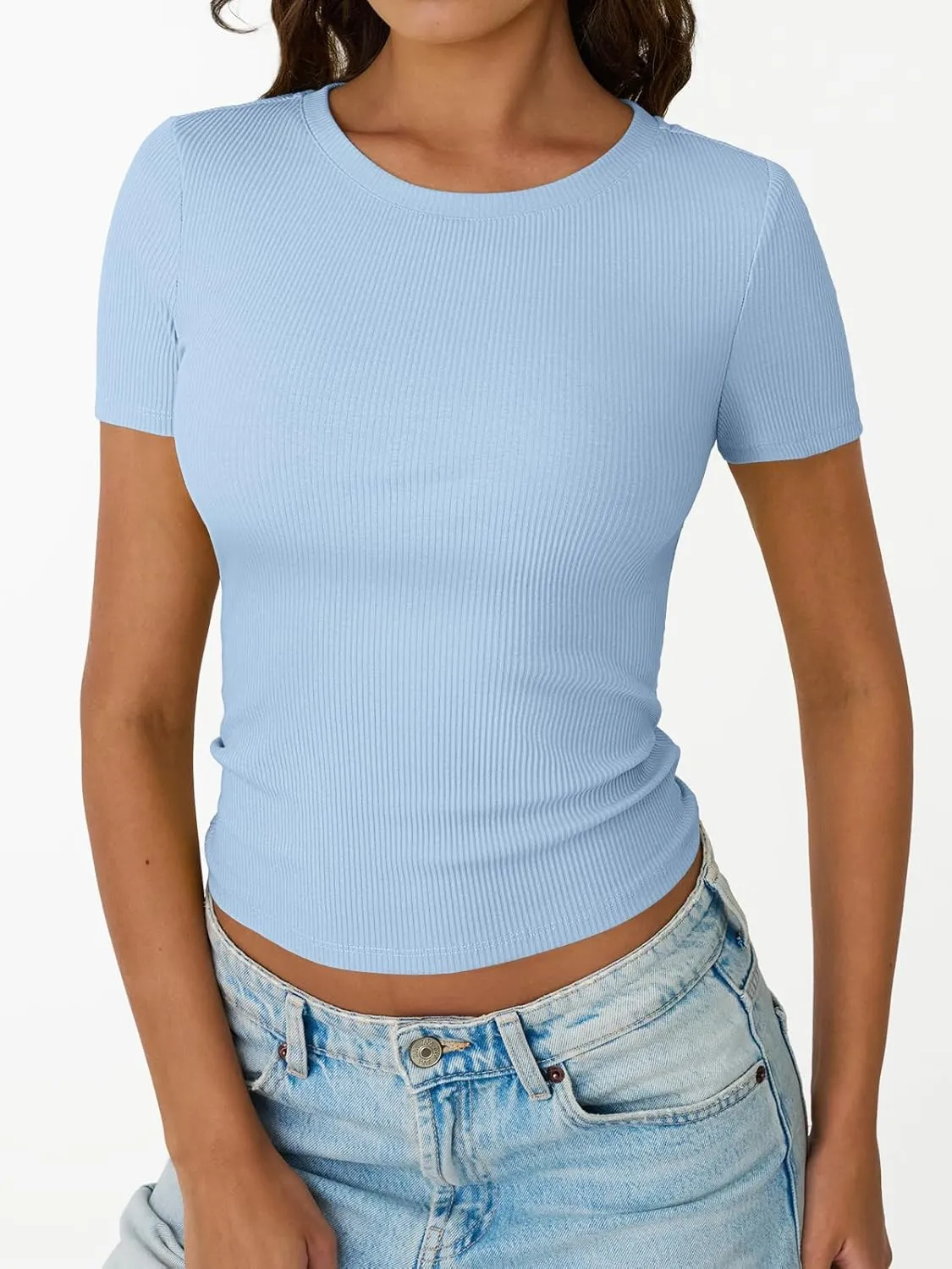 Trendy Queen Womens Short Sleeve Shirts Crewneck Ribbed Knit Slim Fitted T-Shirt Summer Basic Tee 2025 Tops