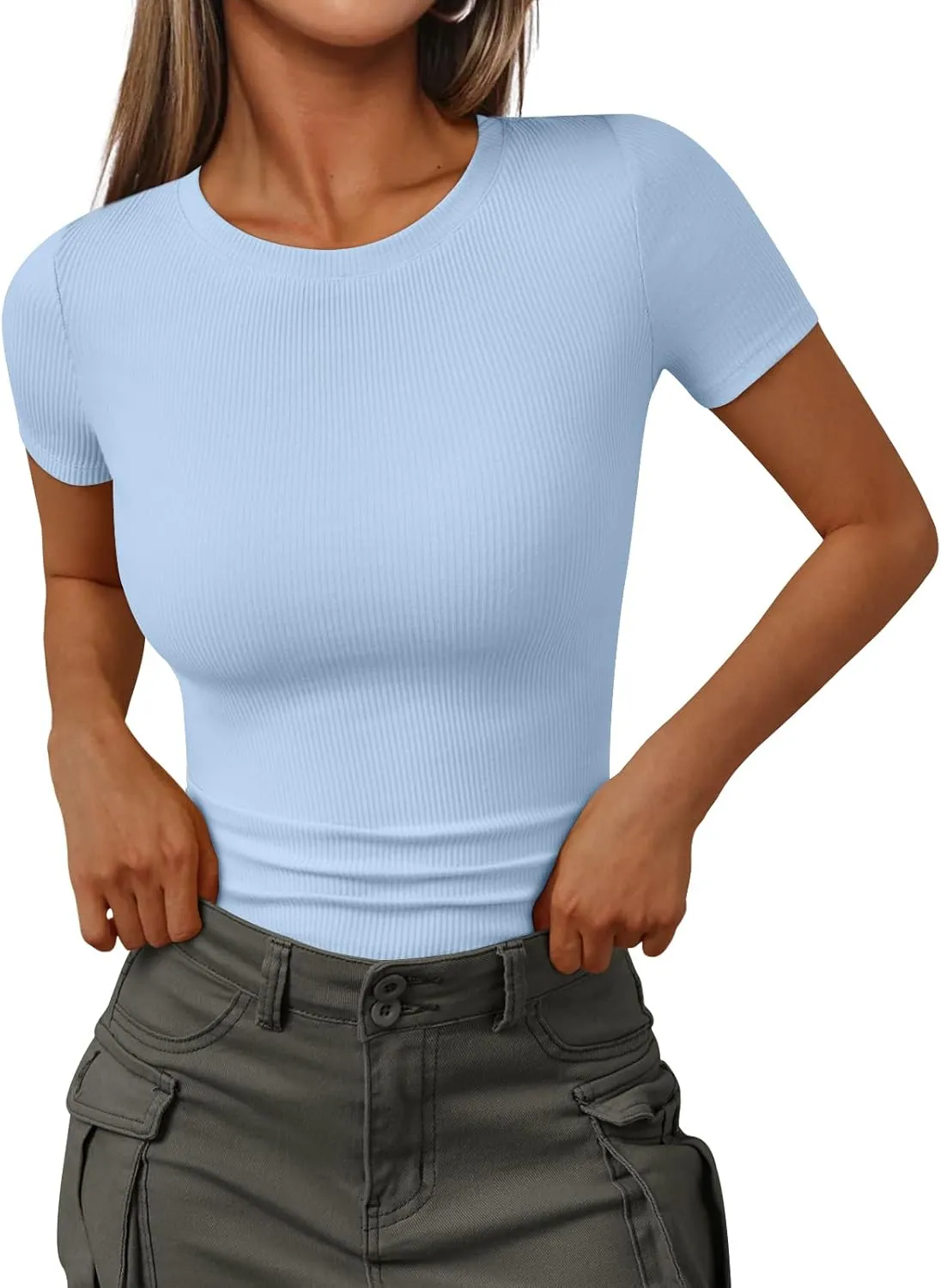 Trendy Queen Womens Short Sleeve Shirts Crewneck Ribbed Knit Slim Fitted T-Shirt Summer Basic Tee 2025 Tops