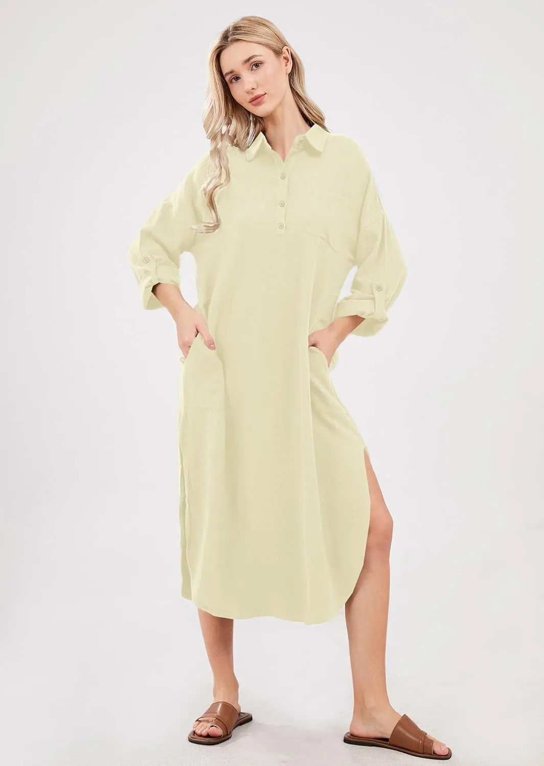 utcoco Womens Casual Loose Cotton Linen Long Shirt Dress Lapel Button Cuffed Sleeve Side Split Dresses with Pockets