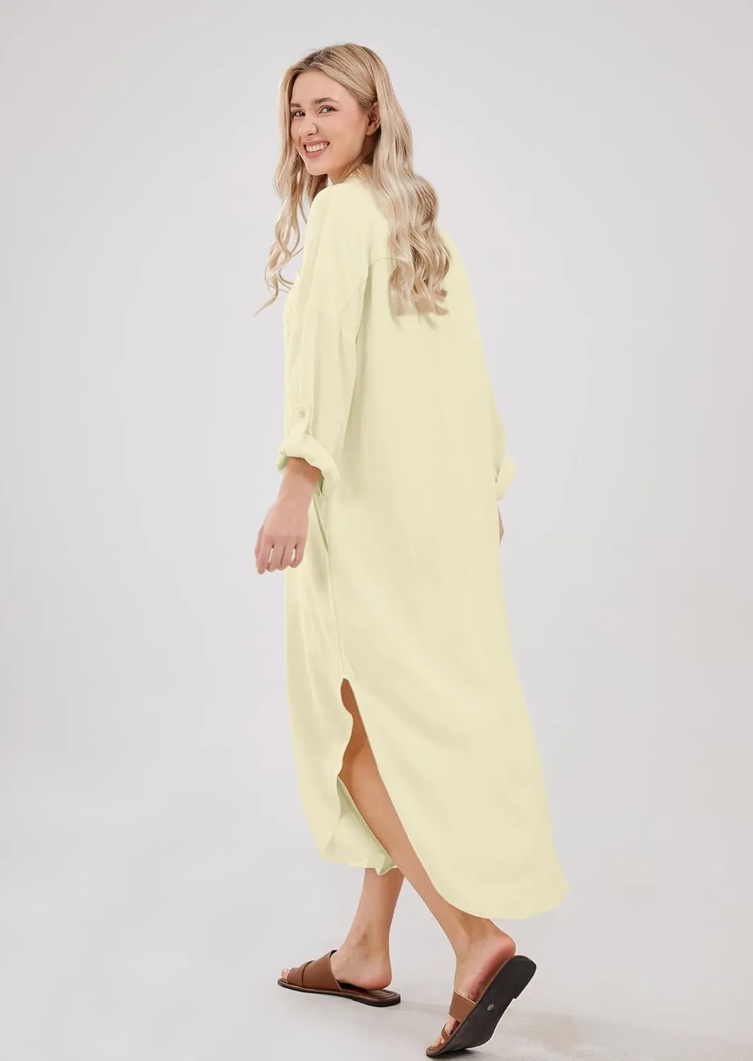 utcoco Womens Casual Loose Cotton Linen Long Shirt Dress Lapel Button Cuffed Sleeve Side Split Dresses with Pockets