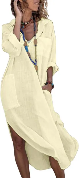 utcoco Womens Casual Loose Cotton Linen Long Shirt Dress Lapel Button Cuffed Sleeve Side Split Dresses with Pockets