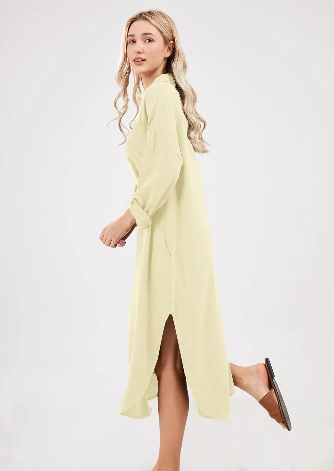 utcoco Womens Casual Loose Cotton Linen Long Shirt Dress Lapel Button Cuffed Sleeve Side Split Dresses with Pockets