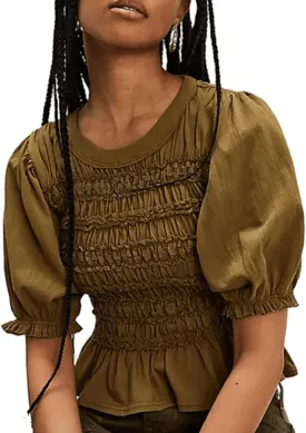 Women Smocked Top Short Sleeve Crew Neck Shirred Crop Tops Slim Fit Ruffle Hem Summer Peplum Shirt