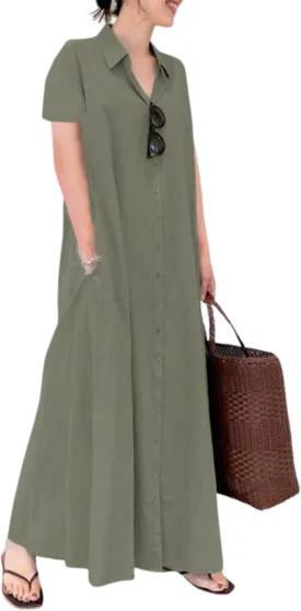 Womens Boho Cotton Maxi Dress V Neck Button Down Kaftan Shirt Dress Long Sleeve Dresses with Pockets Plus Size