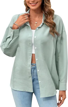 Womens Button Down Shirts Casual Cotton Long Sleeve Dress Shirt Oversized Boyfriend Solid Office Collared Shirt