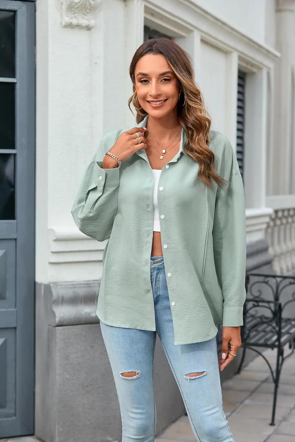 Womens Button Down Shirts Casual Cotton Long Sleeve Dress Shirt Oversized Boyfriend Solid Office Collared Shirt