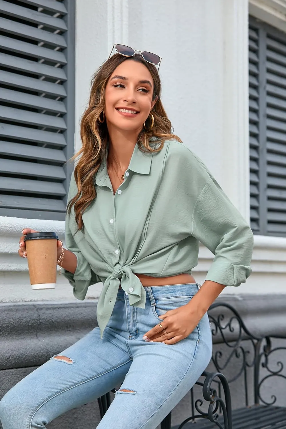 Womens Button Down Shirts Casual Cotton Long Sleeve Dress Shirt Oversized Boyfriend Solid Office Collared Shirt