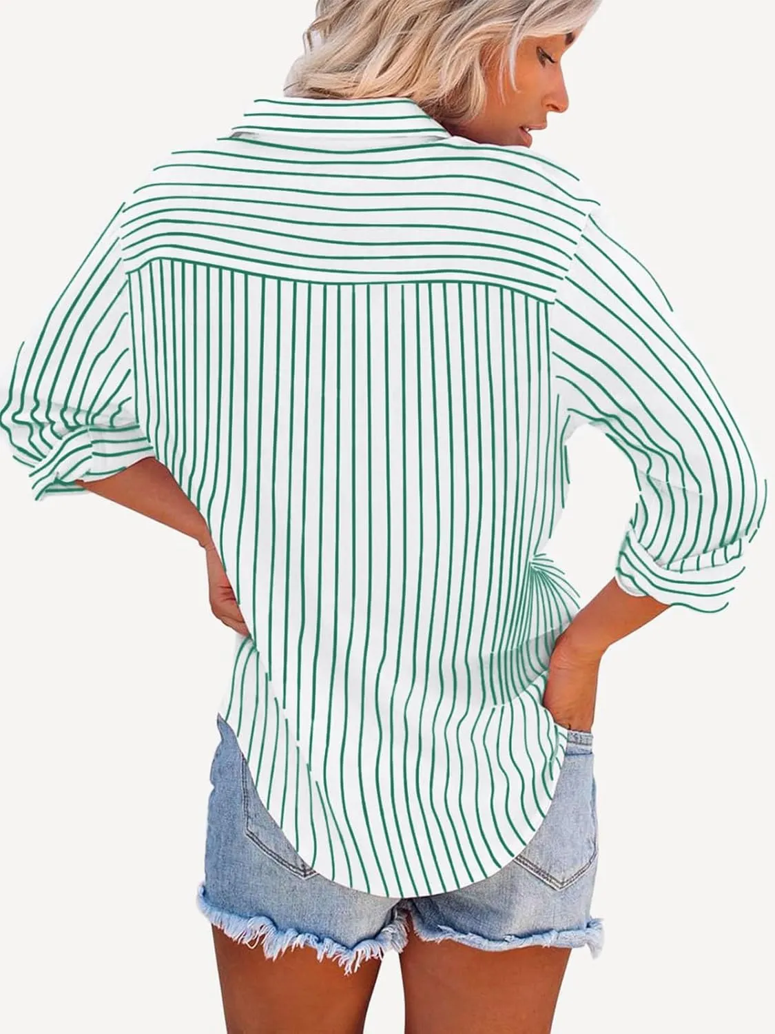 Womens Button Down Shirts Cotton Striped Dress Shirt Long Sleeve Collared Office Work Pinstripes Blouses Tops