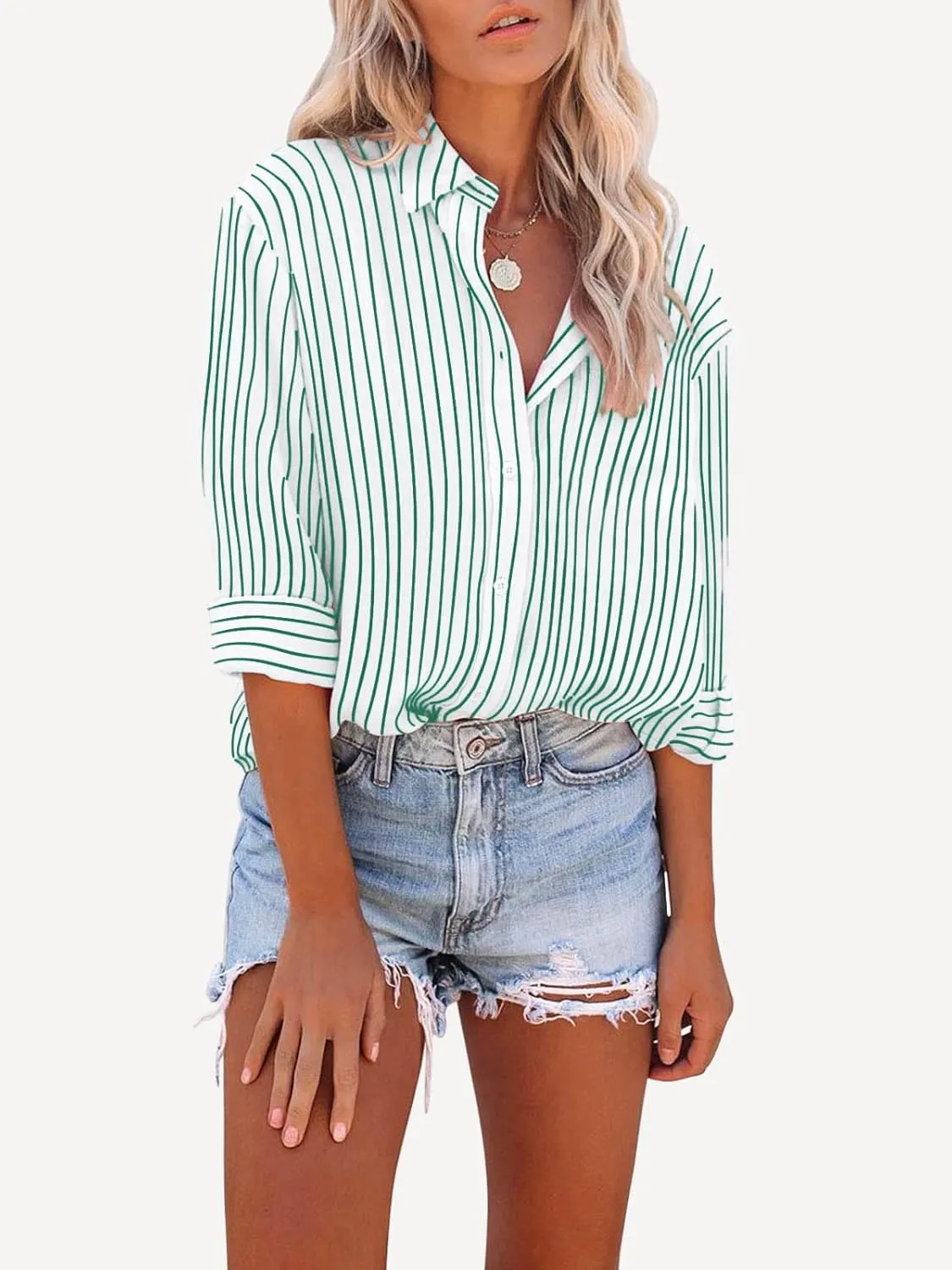 Womens Button Down Shirts Cotton Striped Dress Shirt Long Sleeve Collared Office Work Pinstripes Blouses Tops