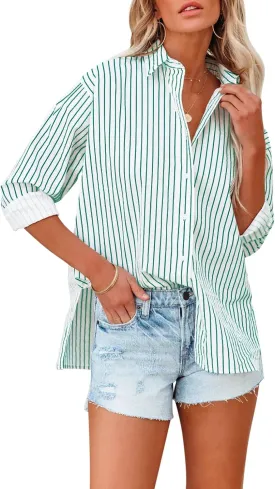 Womens Button Down Shirts Cotton Striped Dress Shirt Long Sleeve Collared Office Work Pinstripes Blouses Tops