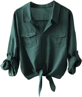 Womens Button Down V Neck Shirts 3/4 Sleeve Tie Front Loose Office Business Shirt Blouse Summer Casual Tops