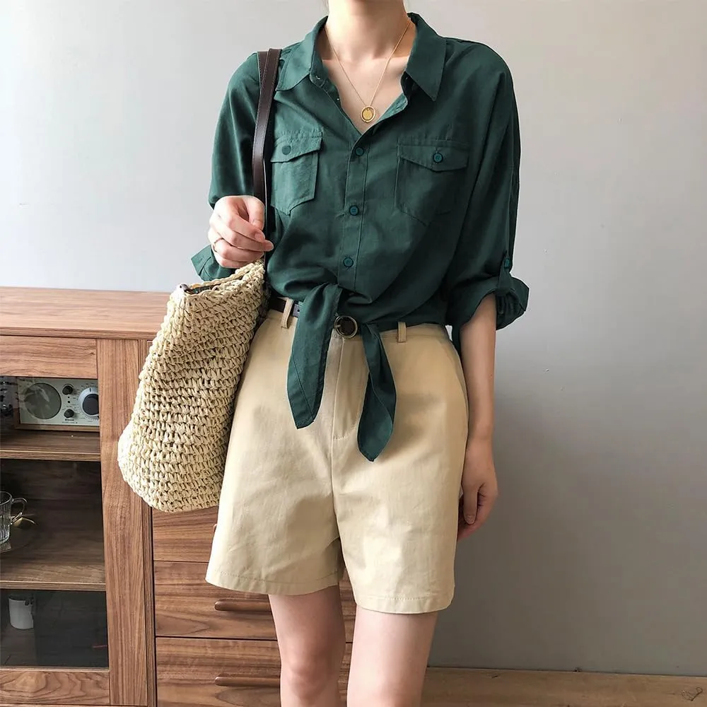Womens Button Down V Neck Shirts 3/4 Sleeve Tie Front Loose Office Business Shirt Blouse Summer Casual Tops