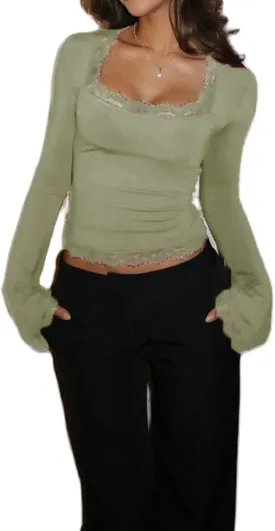 Women's Lace Trim Square Neck T Shirt Y2K Long Flare Cuff Sleeve Basic Tops Slim Fit Base Layer Blouse Shirts