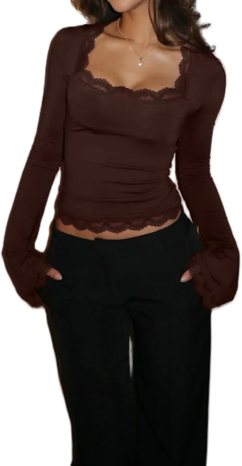 Women's Lace Trim Square Neck T Shirt Y2K Long Flare Cuff Sleeve Basic Tops Slim Fit Base Layer Blouse Shirts