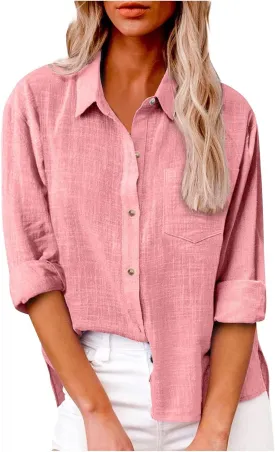 Womens Long Sleeve Shirt Casual Work Office Blouse Top Cotton Linen Button Up Shirts Spring Summer Blouses