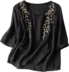 Womens Peasant Tops and Blouses Summer Fashion Embroidered Shirts Fashion Short Sleeve Cotton Linen Shirt