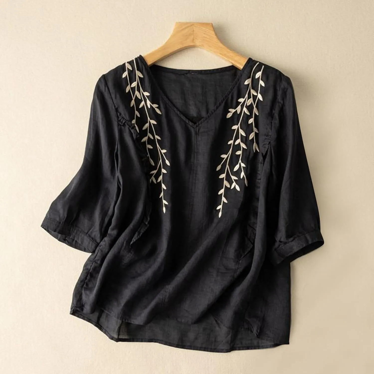 Womens Peasant Tops and Blouses Summer Fashion Embroidered Shirts Fashion Short Sleeve Cotton Linen Shirt