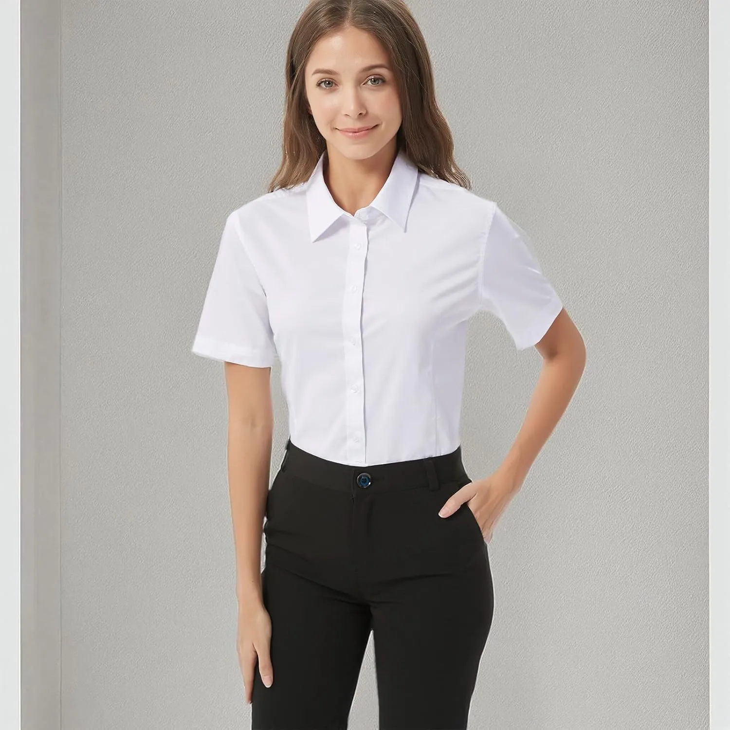 Women's Slim-Fit Button Down Shirts Stretchy Cotton Long Sleeve Work Blouse