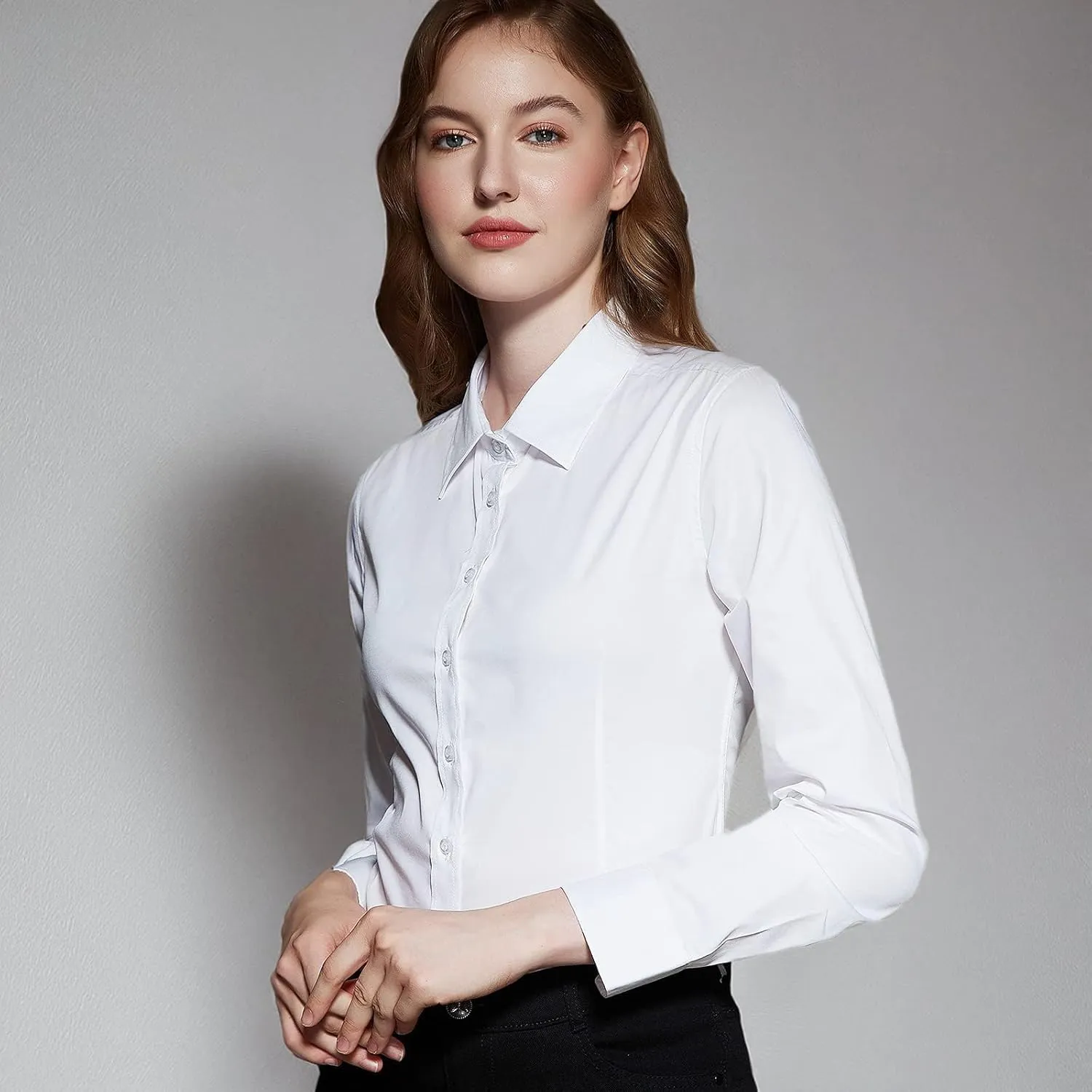 Women's Slim-Fit Button Down Shirts Stretchy Cotton Long Sleeve Work Blouse