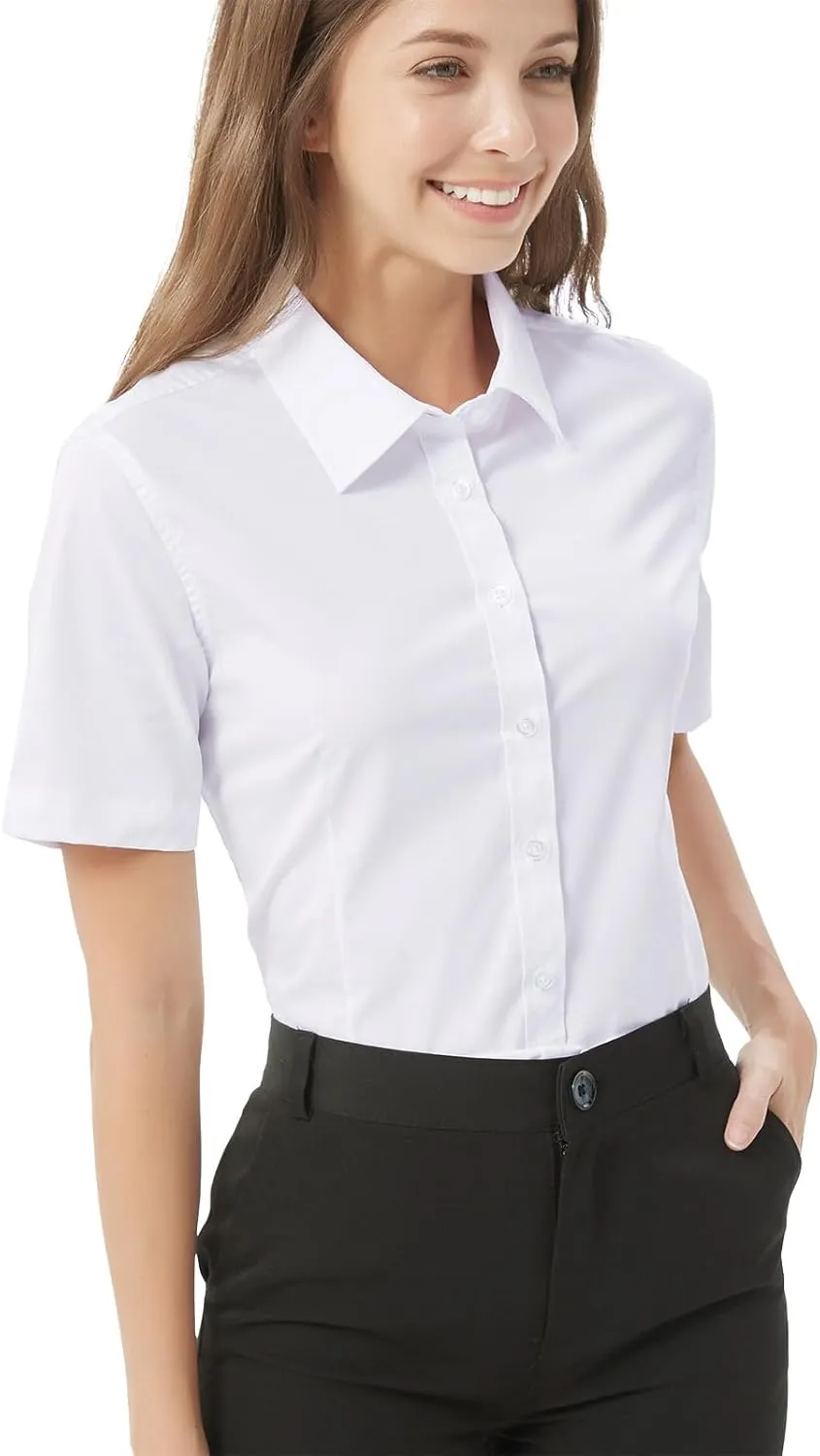Women's Slim-Fit Button Down Shirts Stretchy Cotton Long Sleeve Work Blouse