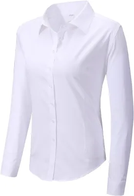 Women's Slim-Fit Button Down Shirts Stretchy Cotton Long Sleeve Work Blouse